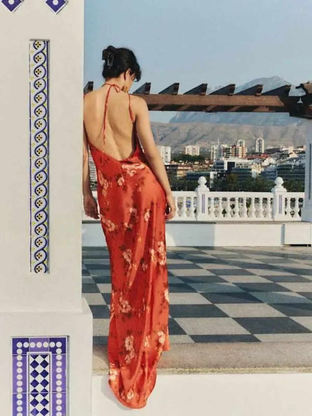 Reformation Zinna Satin Dress Coral Bloom Orange Red Maxi Halter Floral